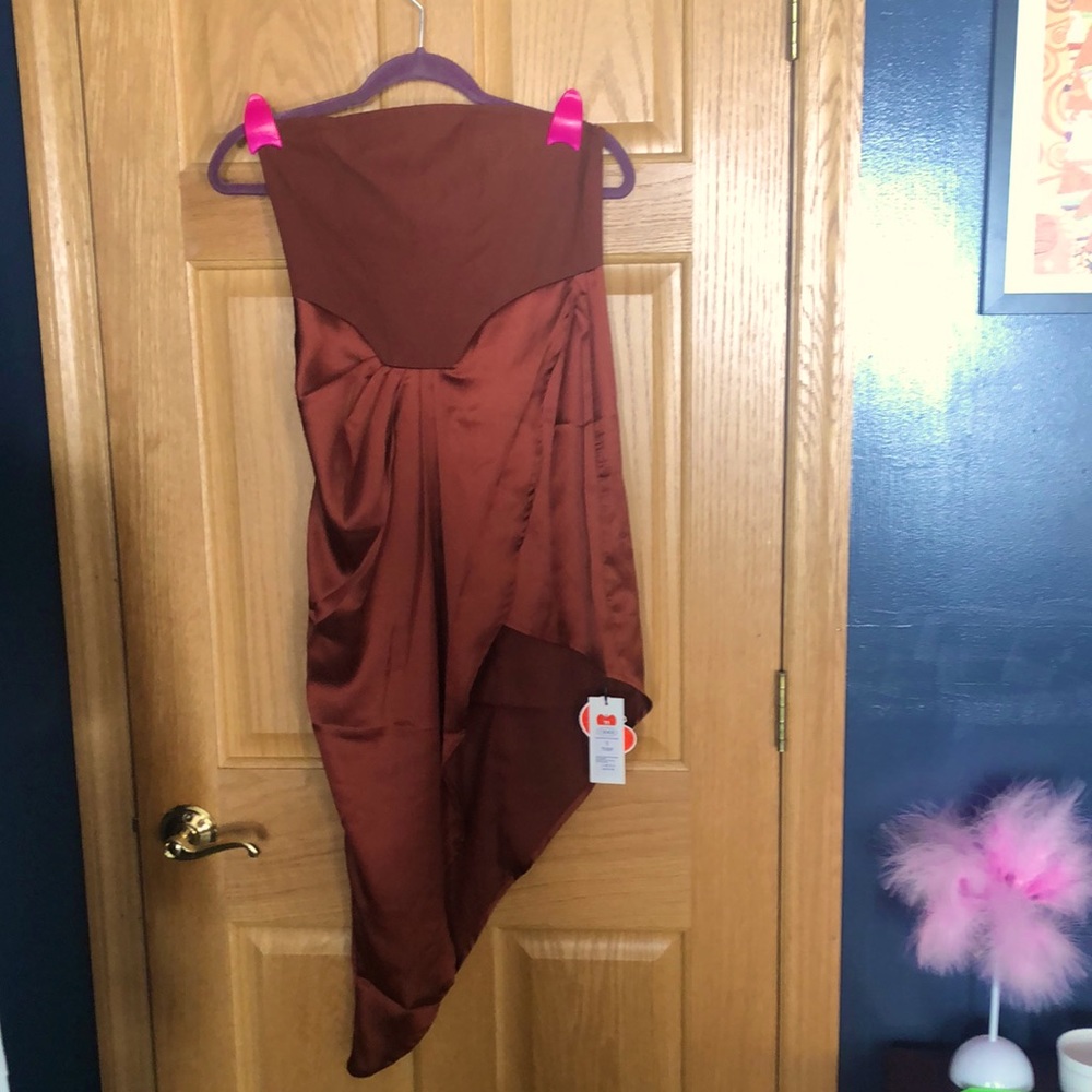 Cider, small, copper, sleeveless, high slit, dress